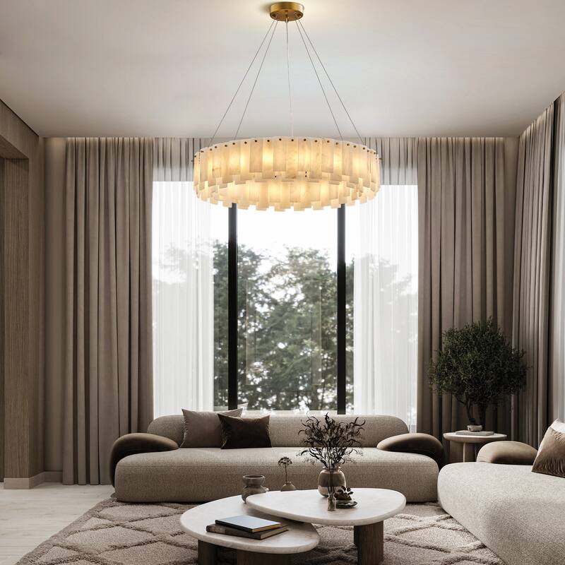 Modern Layered Alabaster Slice Chandelier, Round or Linear Pendant Light, D600-L1200 - Gold