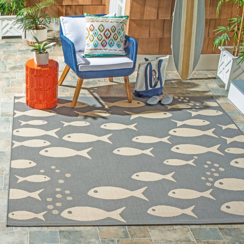 SAFAVIEH Courtyard Illa Indoor/ Outdoor Waterproof Patio Backyard Rug - 4' x 4' Square - Dark Grey/Beige