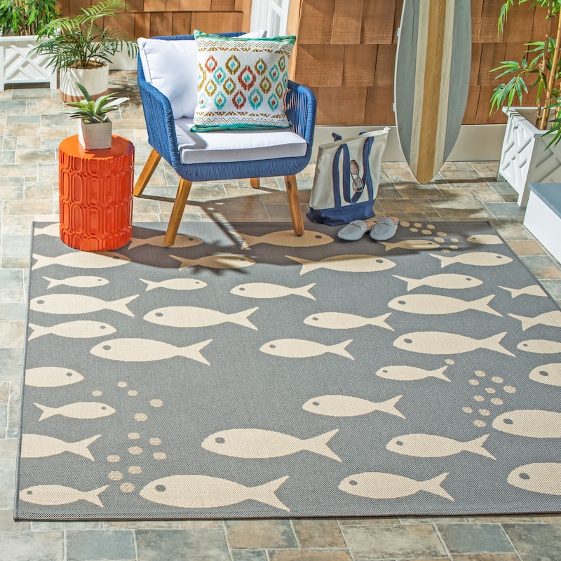 SAFAVIEH Courtyard Ragne Indoor/ Outdoor Waterproof Patio Backyard Rug - 4' Square - Dark Grey/Beige