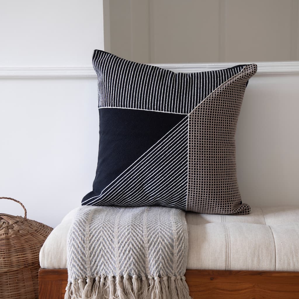 Handwoven Striped Embroidered Cotton Throw Pillow - 24" - Black and White