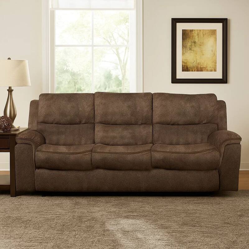 Heny Manual Reclining Sofa, Brown Fabric Seating, 88 Inch, No Sag