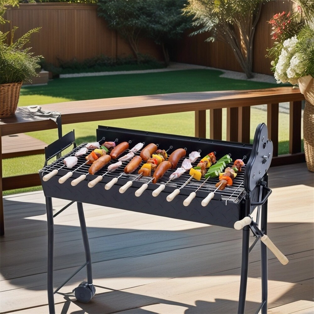Outdoor Portable Charcoal BBQ Grills Height Adjustable with 4 Wheels
