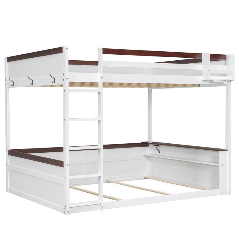 Queen Size Wooden Bunk Bed with Built-in Shelves and Hooks, Versatile Bed Frame with LED Light and Charging Station