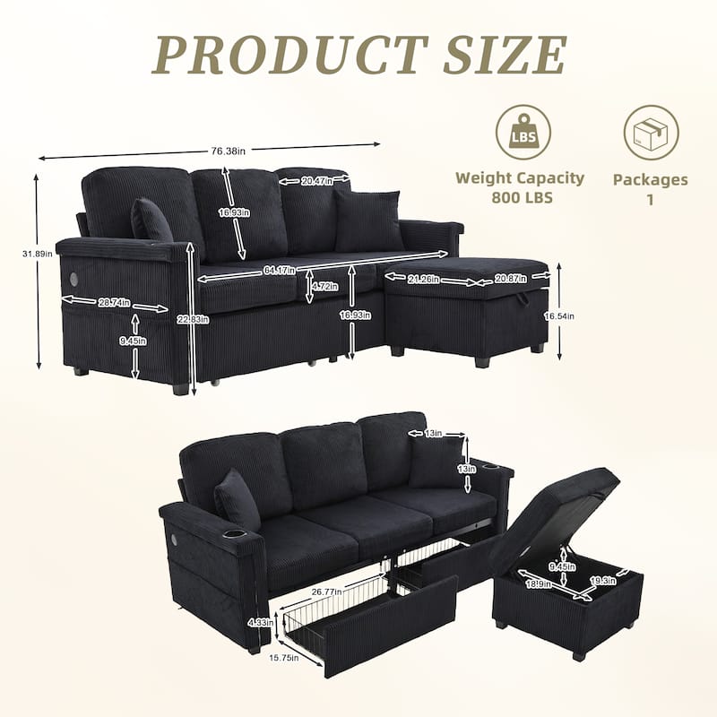 HOMEFUN Corduroy Upholstered L-shaped Pull-Out Storage Sectional Sofa with Storage Ottoman,USB Charging,Cup Holder