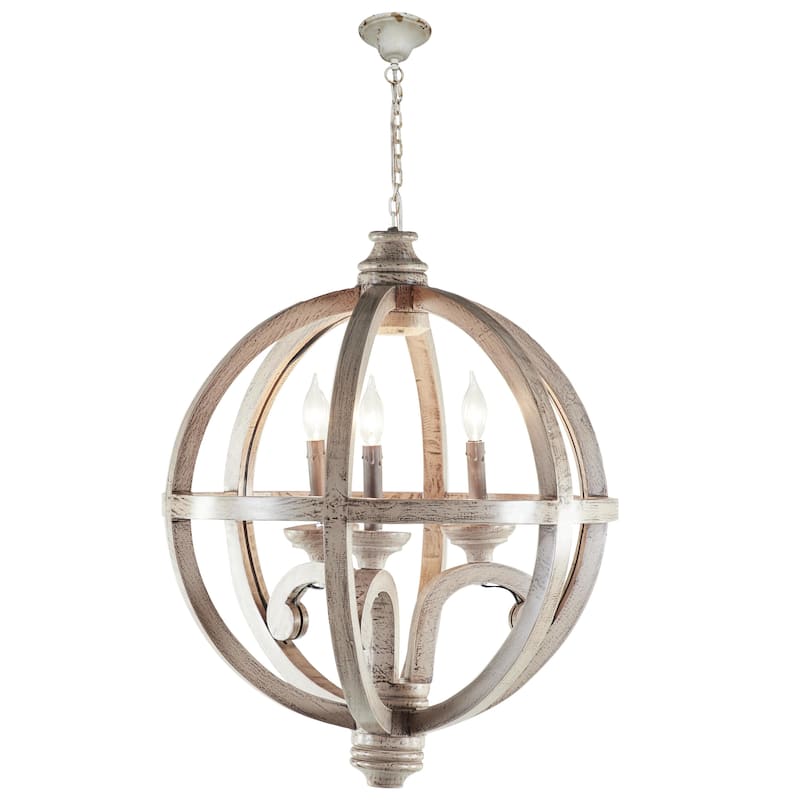 Wood Caged Style 3 Light Chandelier with Link Style Chain - Gold - Roche River Decor - 21"W x 21"L x 28"H