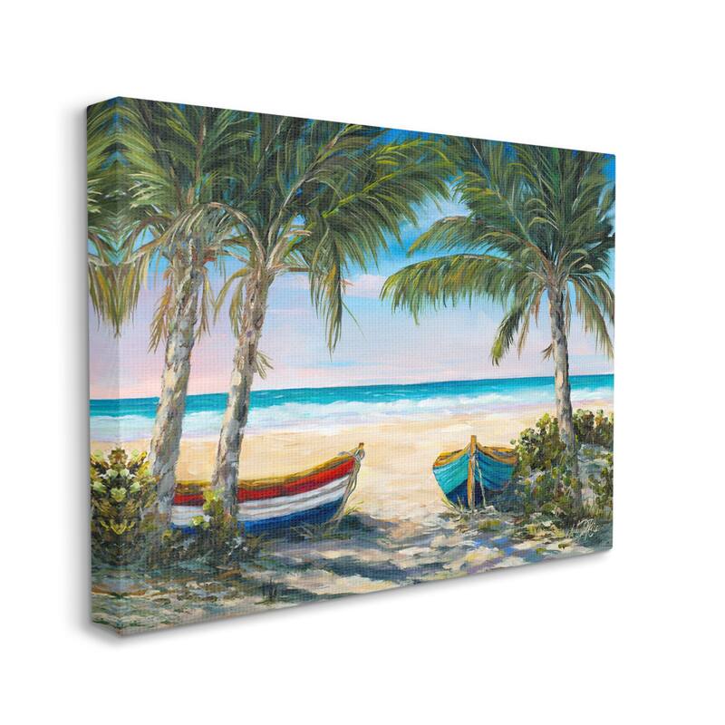 Stupell Row Boats on Beach Shore Tropical Palm Trees Canvas Wall Art - Green