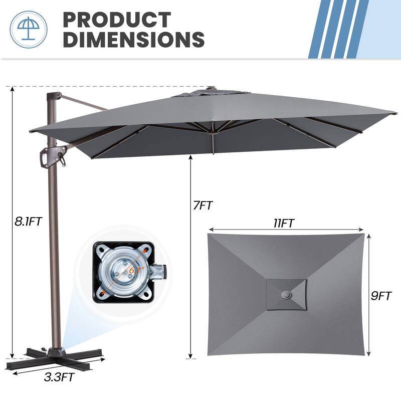 11 x 9 FT Outdoor Patio Cantilever Offset Rectangle Umbrella