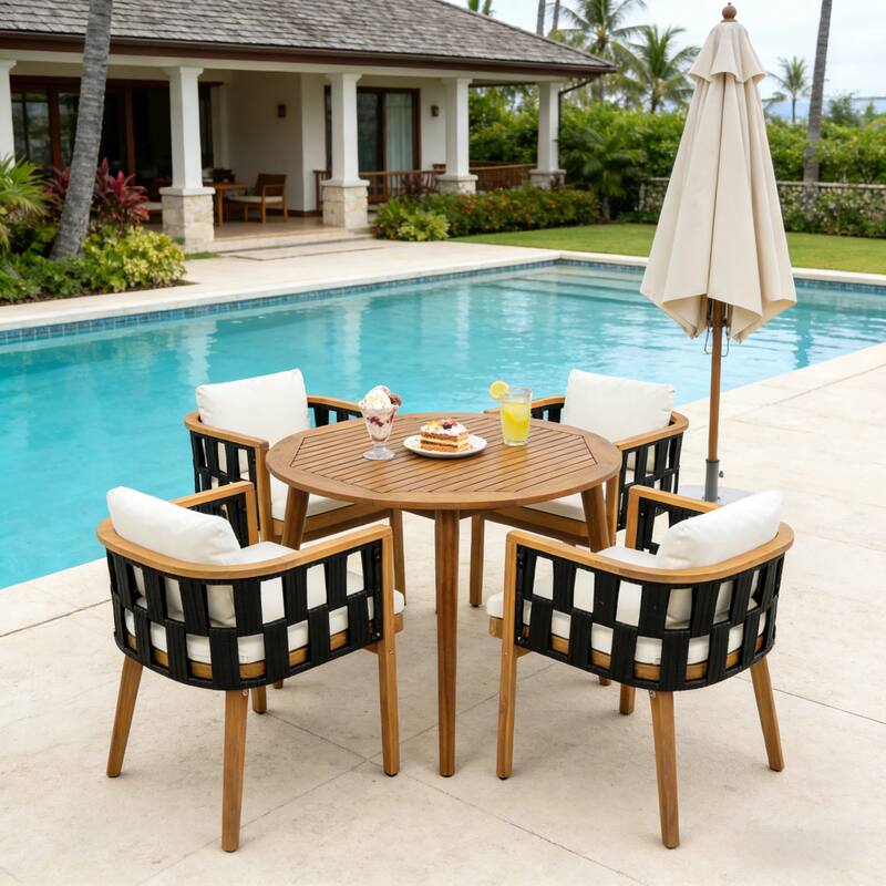 Christopher Knight Home - Modern 5-Piece Outdoor Patio Dining Set with Woven Rope Acacia Chairs and Round Slatted Dining Table