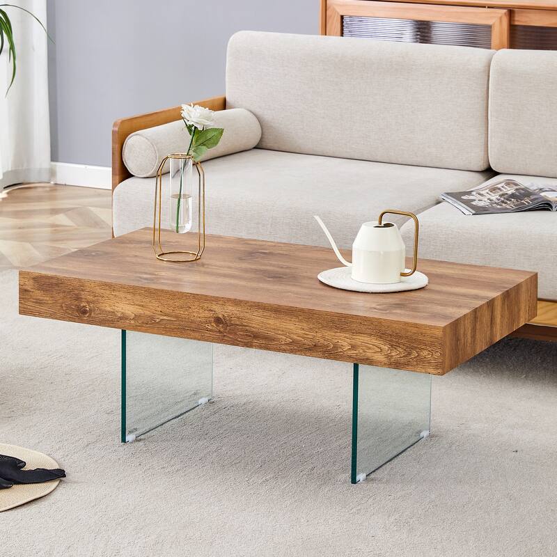 Natural Style MDF Coffee Table - 39.3"x21.6" with Tempered Glass Legs.Density Board Sticker,Reinforced Glass.