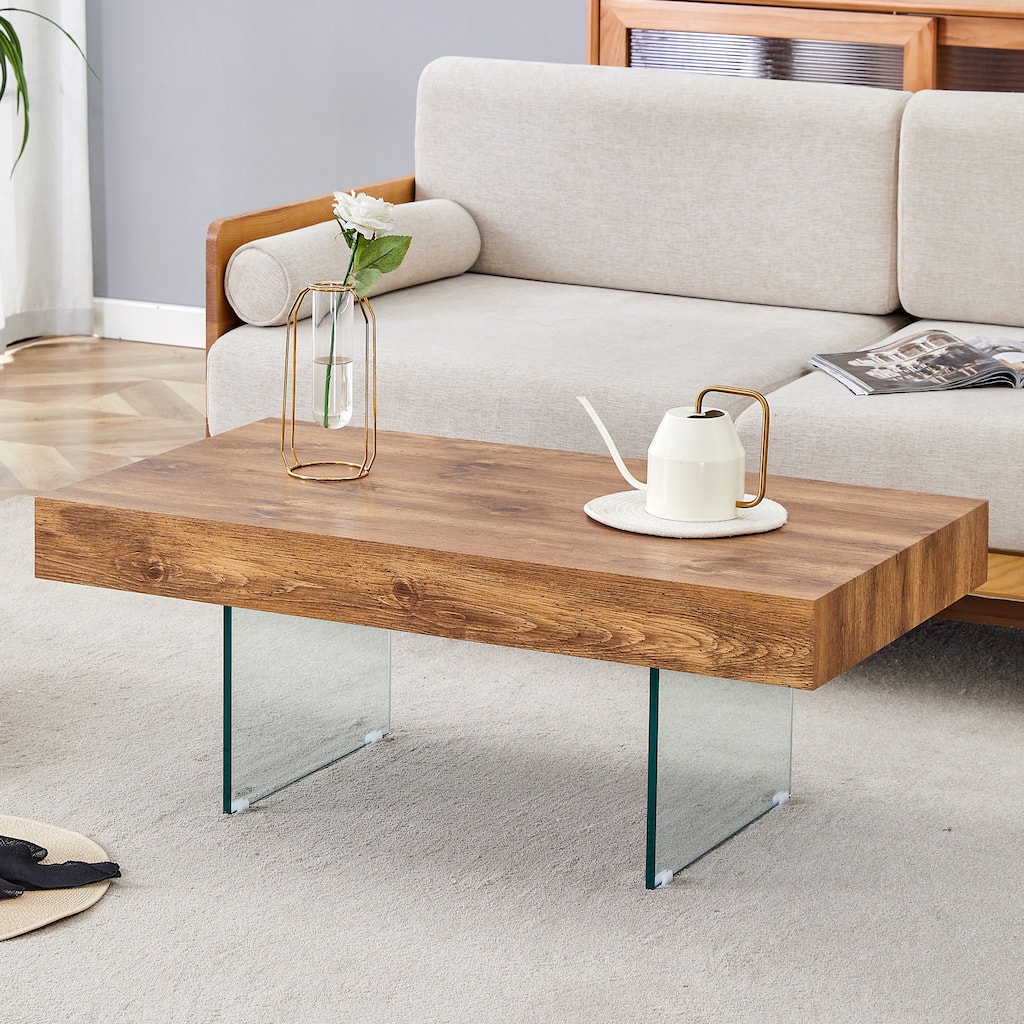 Natural Style MDF Coffee Table - 39.3"x21.6" with Tempered Glass Legs.Density Board Sticker,Reinforced Glass.
