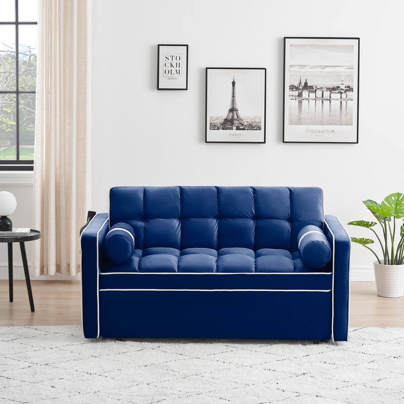 Blue Velvet 55'' Convertible Sleeper Sofa with Pull-Out Bed