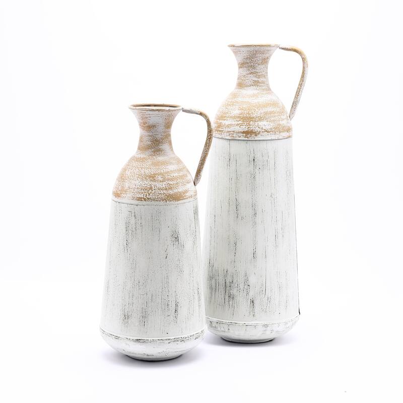 Distressed Off White and Rustic Brown Metal Pitcher Vase (Set of 2)
