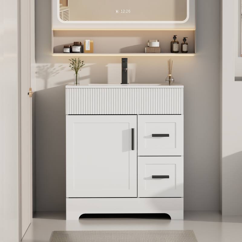 Modern 24/30/36/48" Wave-Line Bathroom Vanity Set with Sink & Faucet - 30"-White - 30"