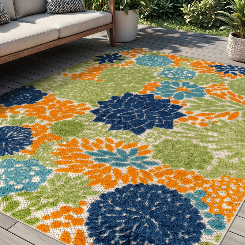 World Rug Gallery Indoor/Outdoor High-Low Textured Area Rug, Floral, Easy-Clean Patio Rug