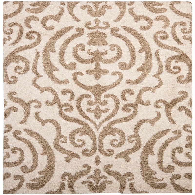 SAFAVIEH Florida Shag Frachia Ornate Damask 1.2-inch Thick Rug - 6'7" Square - Cream/Beige