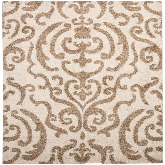 SAFAVIEH Florida Shag Honey Ornate Damask 1.2-inch Thick Rug - 5' x 5' Square - Cream/Beige