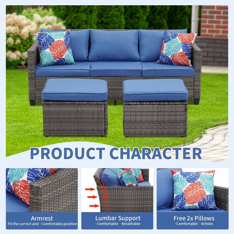 3-Piece Outdoor Furniture Set All-Weather Wicker Patio Sofa with Cushions for Conversations