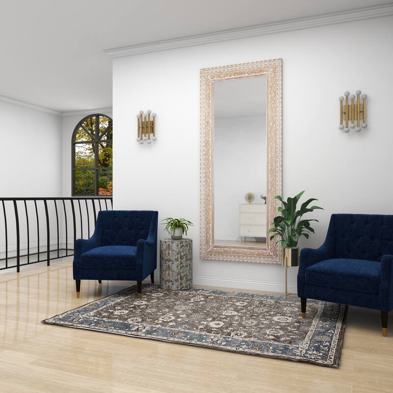 White Mango Wood Vine Scroll Room Wall Mirror with Brown Carved Detail