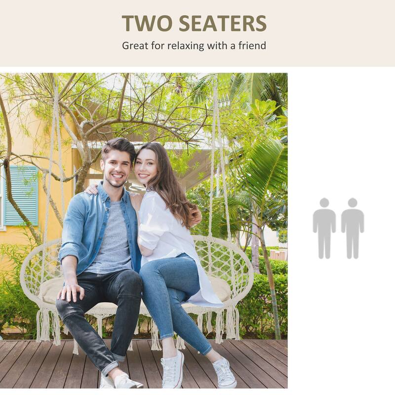 Outsunny Outdoor Hanging Hammock Porch Swing Chair with Cotton Rope Netting, Steel Frame, & Built-In Armrests