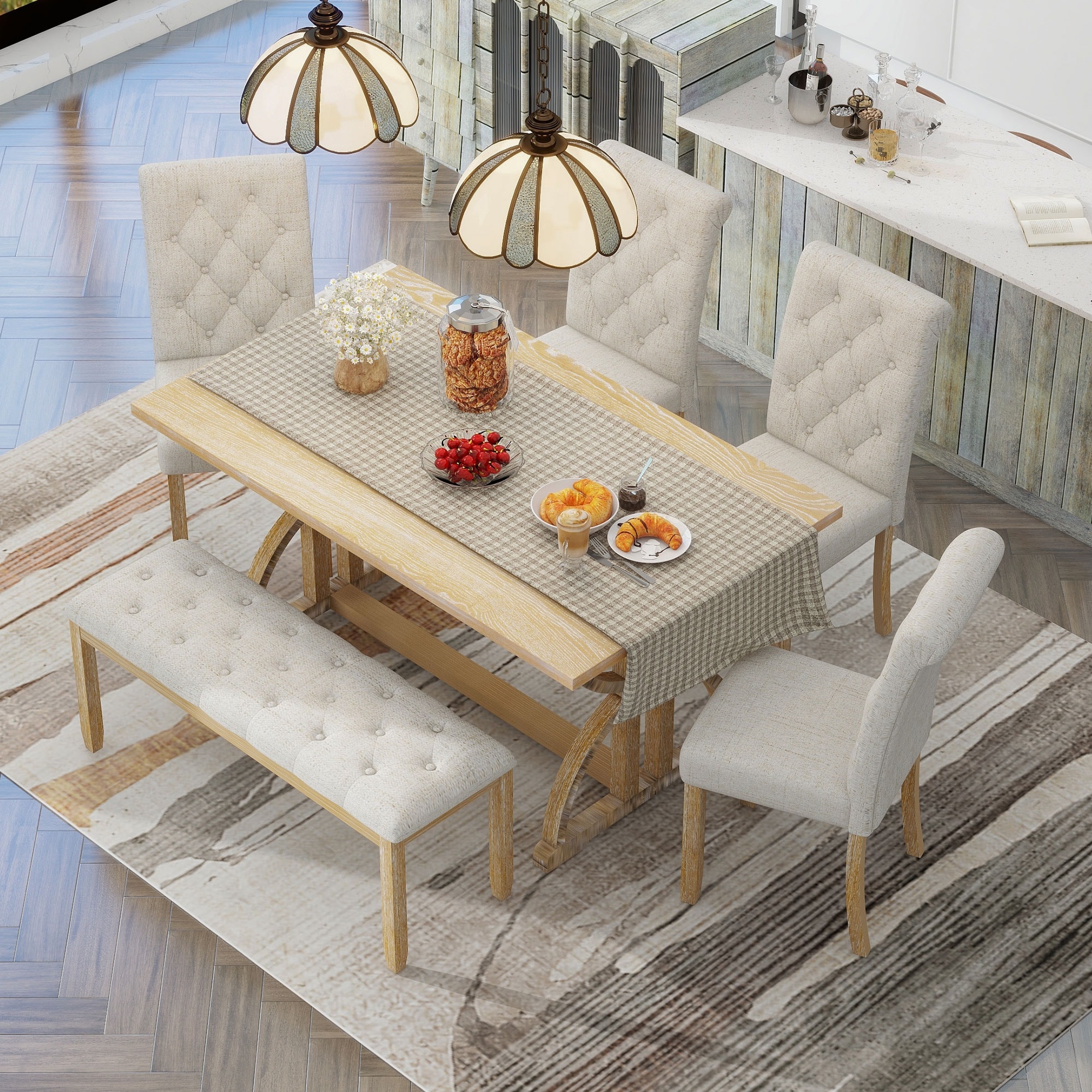 6 Piece Retro Rectangular Dining Table Set Table with Unique Legs and 4 Upholstered Chairs 1 Bench for Dining Room Kitchen Bed Bath Beyond 39158778