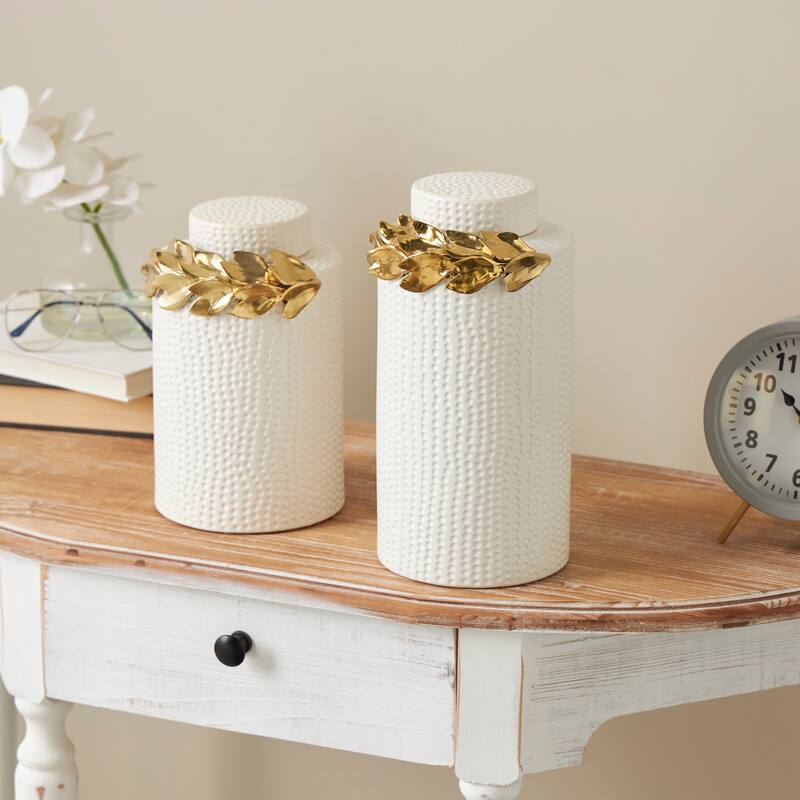 Ceramic Leaf Decorative Jars with Abstract Spotted Pattern and Gold Accents - Set of 2 White - Roche River Decor