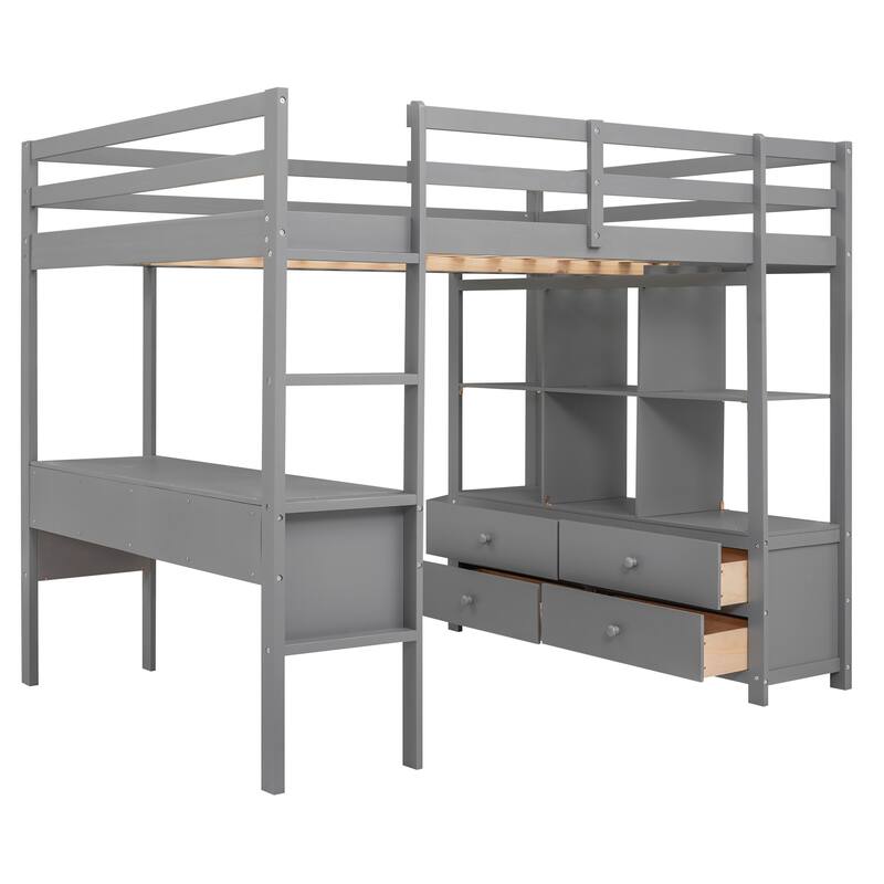Full Size Pine Wood Loft Bed with Built-in Desk, Drawers, and Storage