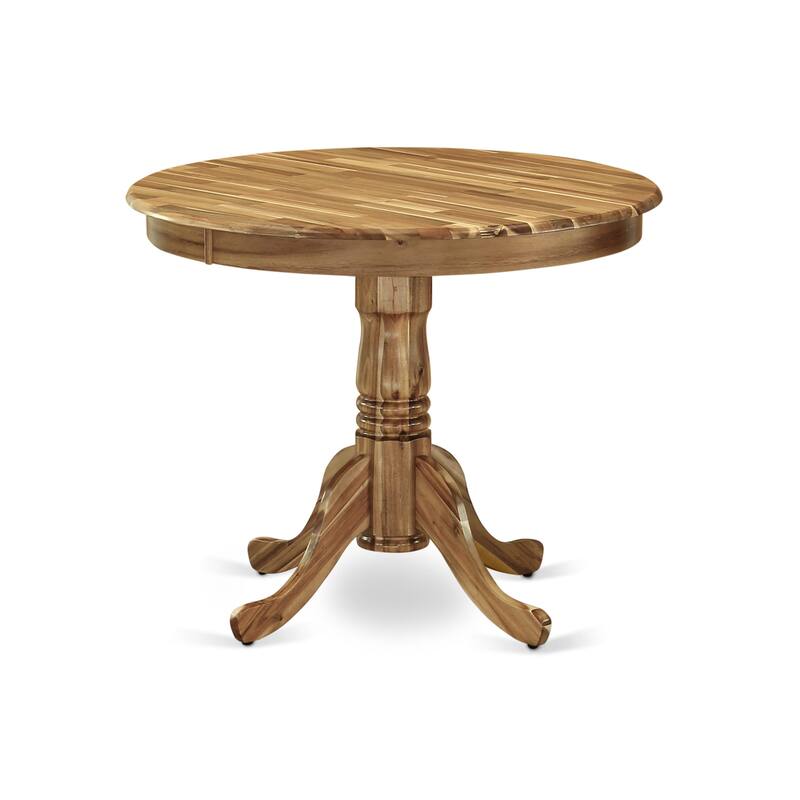East West Furniture 3 Piece Dinette Set- A Round Kitchen Table with Pedestal and 2 Linen Fabric Dining Chairs, (Finish Options)
