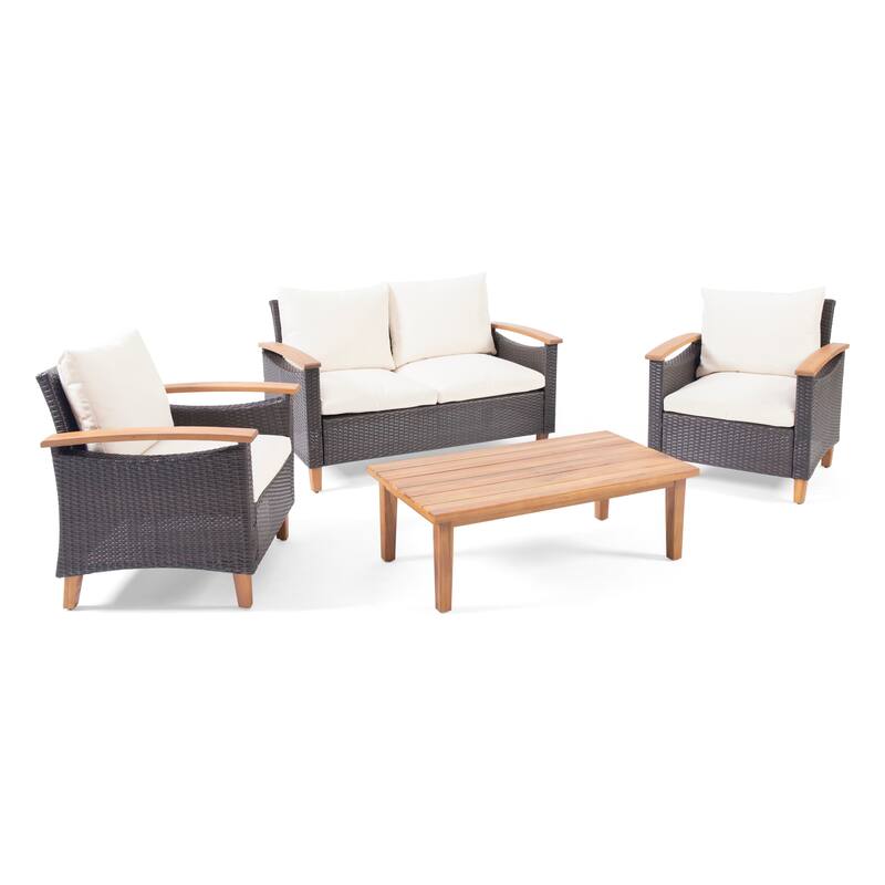 Isla Outdoor 4-seater Coffee Table Chat Set by Christopher Knight Home - Beige+Multi-Brown+Teak