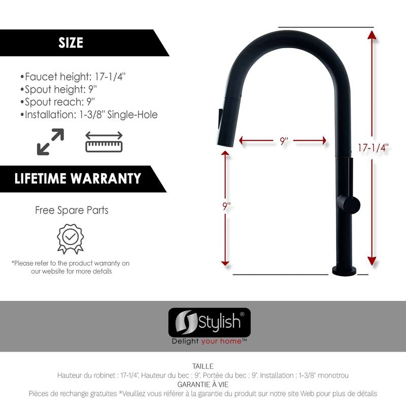 Single Handle Pull-Down Sprayer Kitchen Faucet K-141 - Height: 17.25" Spout H: 9" Spout R: 9"