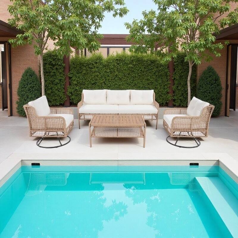 4-Piece Rattan Sectional Conversation Set with 360° Swivel Chairs, 3-Seat Sofa & Wood-Top Coffee Table - Beige