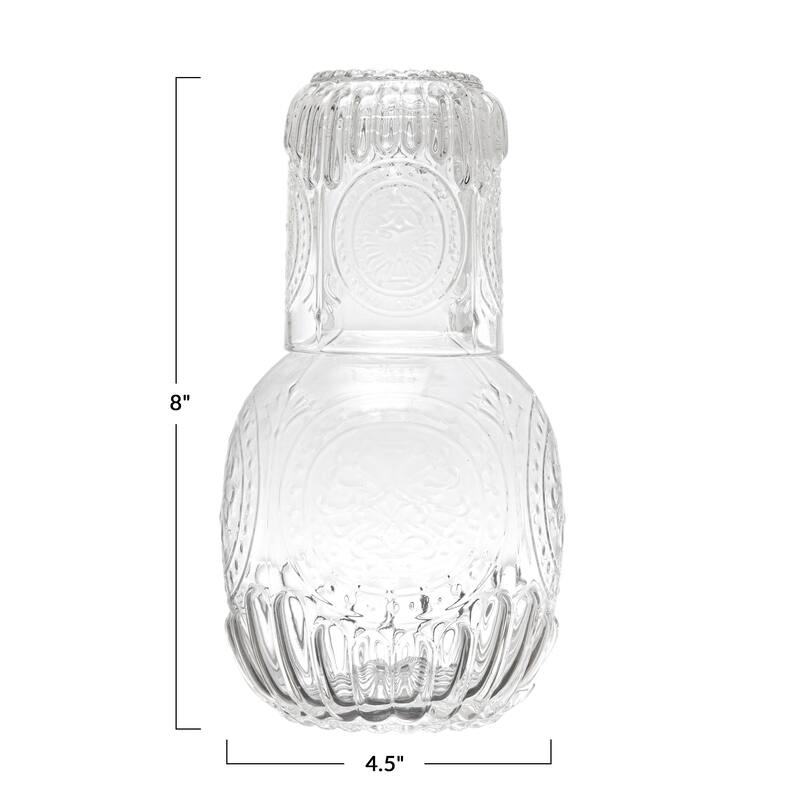 Debossed Carafe with Glass - 4.4"L x 4.4"W x 8.3"H - 4.4"L x 4.4"W x 8.3"H