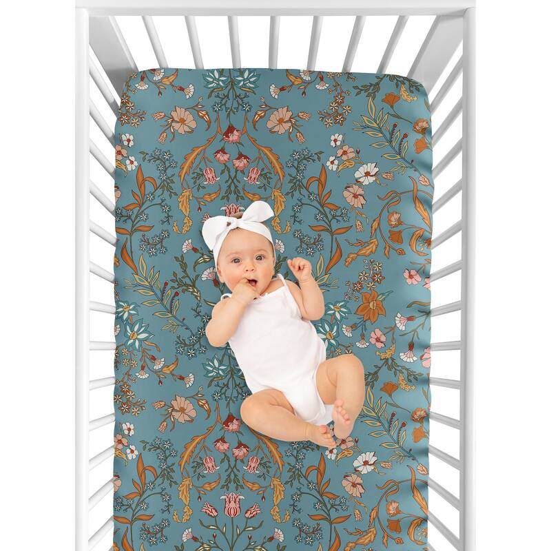 Boho Wildflower Vintage Floral Girl Fitted Crib Sheet Turquoise Orange Daisy Leaves Botanical Paisley Flower Bohemian Farmhouse