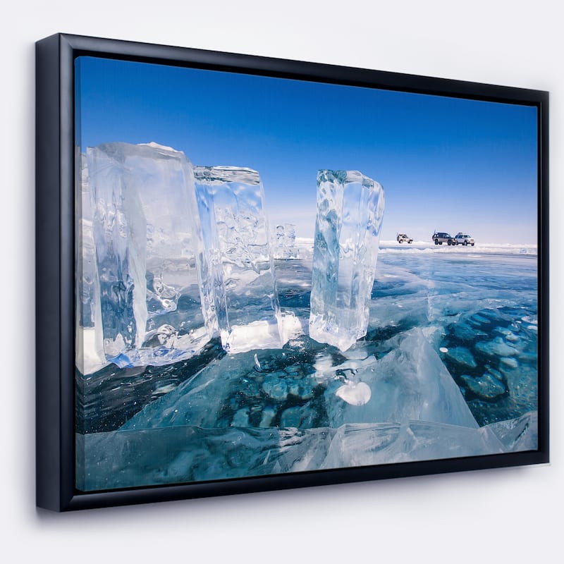 Designart "Blue Ice and Off road Cars" Landscape Artwork Print on Framed Canvas - 32 in. wide x 16 in. high - Black