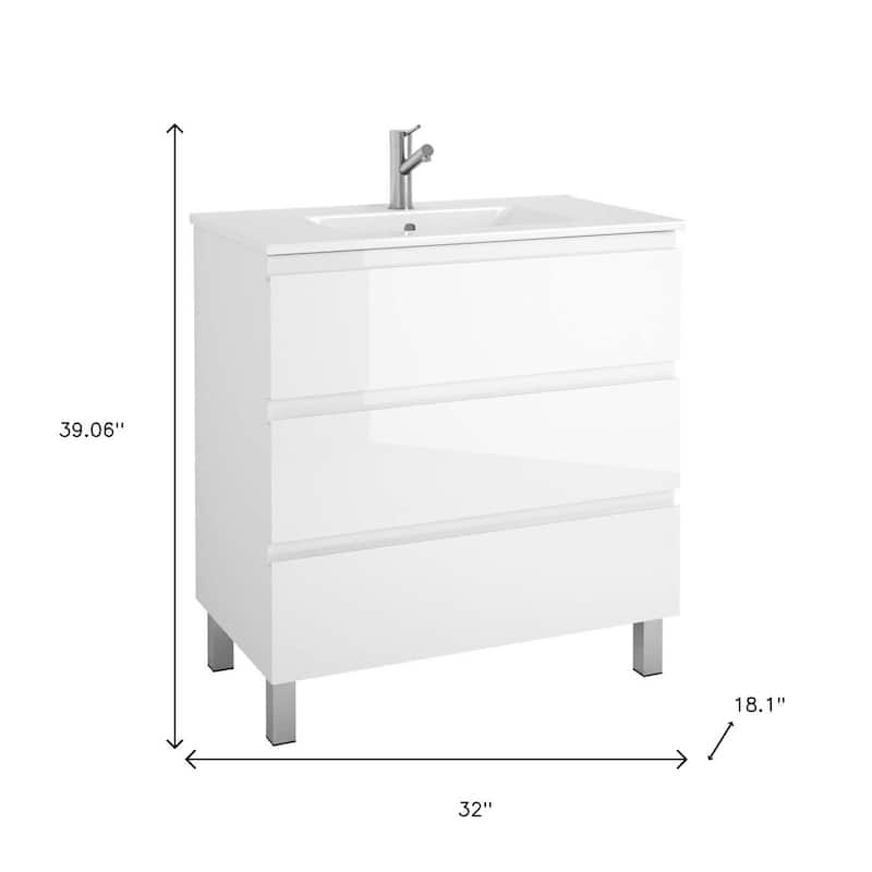 HomeRoots 32" White Wood Freestanding Bathroom Vanity With White Sink And Three Drawers - 32.00 in. x 39.06 in. x 18.10 in.