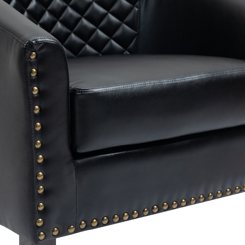 Modern Leather Nailheads Trim Barrel Accent Chairs with Wood Legs