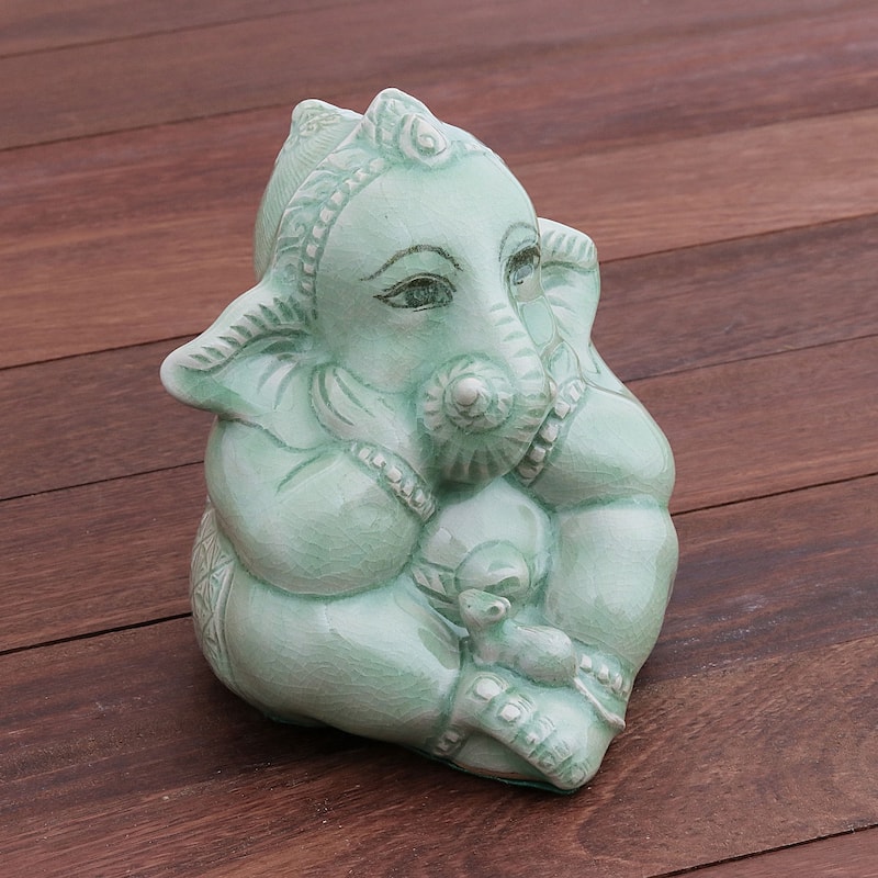 Novica Handmade Ganesha And The Mouse Celadon Ceramic Figurine