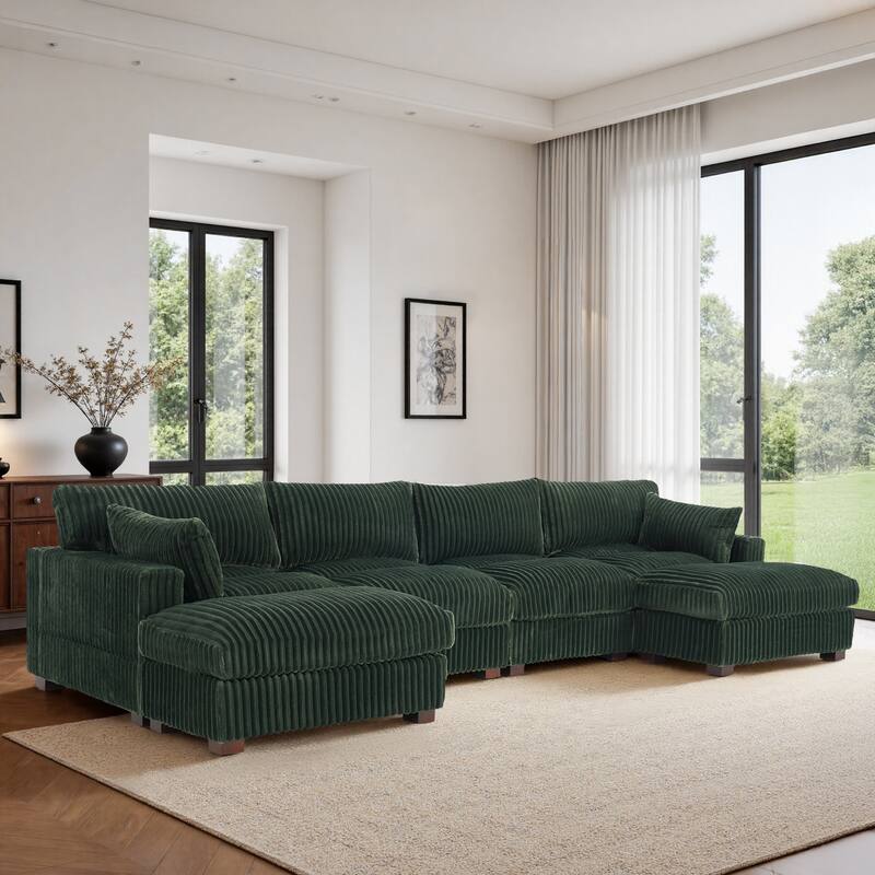 Upholstered Plush Flannel Modular Sectional Sofa with Pillows,Ajustable Headrest - Green-6-Piece