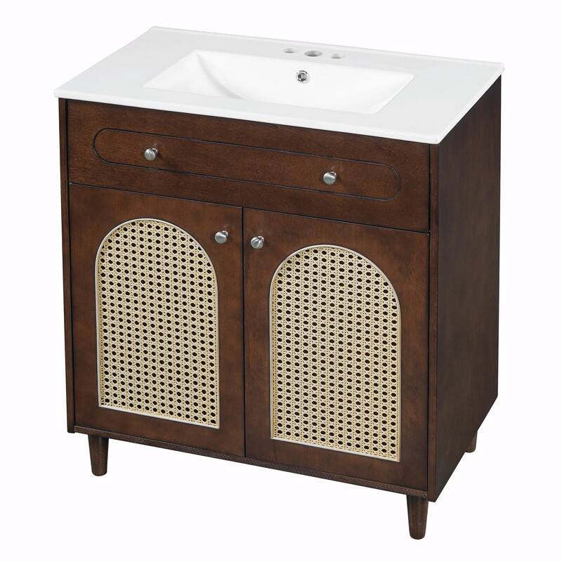 30" Bathroom Vanity with Ceramic Sink, Solid Wood Cabinet, Adjustable Shelf, Tip-Drawer & Rattan Panels