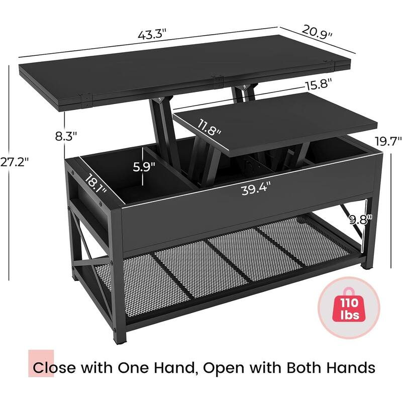 Lift Top Coffee Table Open Storage Shelf & Hidden Classified Storage