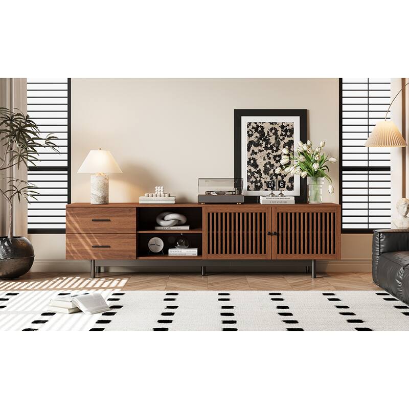 Roomfitters 78 Inch Modern TV Stand for TVs up to 85 Inch, Media Console with Deep Drawers & Solid Wood Legs, Walnut