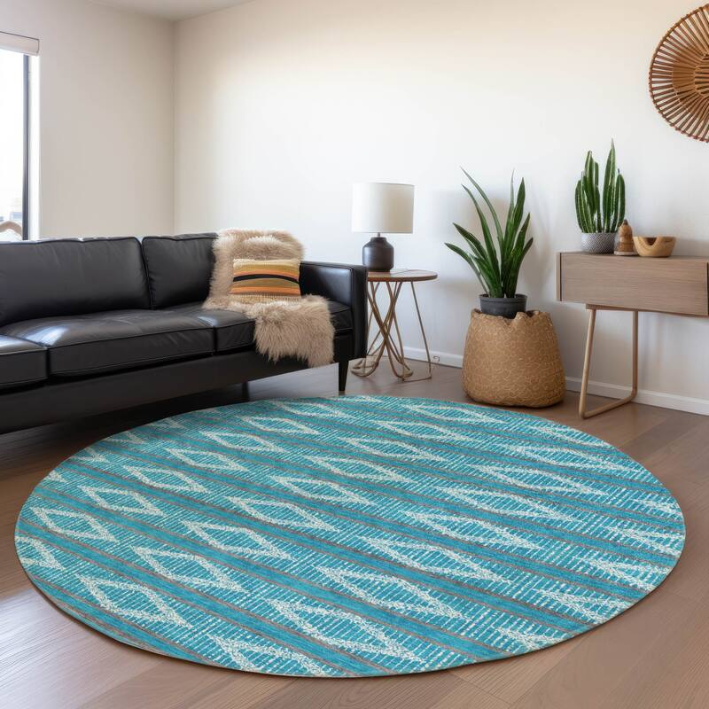 Machine Washable Indoor/ Outdoor Diamond Stripe Chantille Rug - Teal - 8' x 8'
