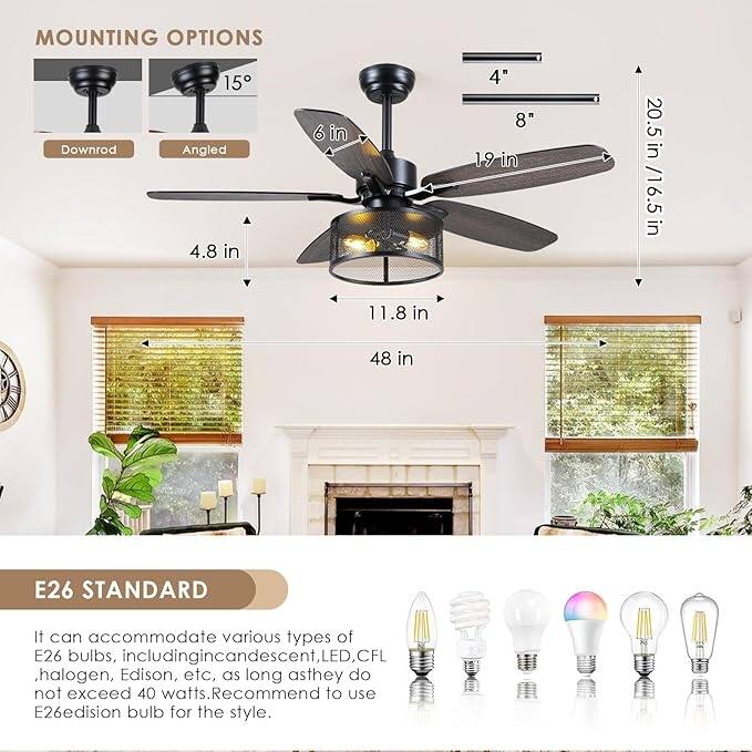 56 Inch Ceiling Fan with Caged Light and Plywood Blades for Farmhouse Living Room Bedroom