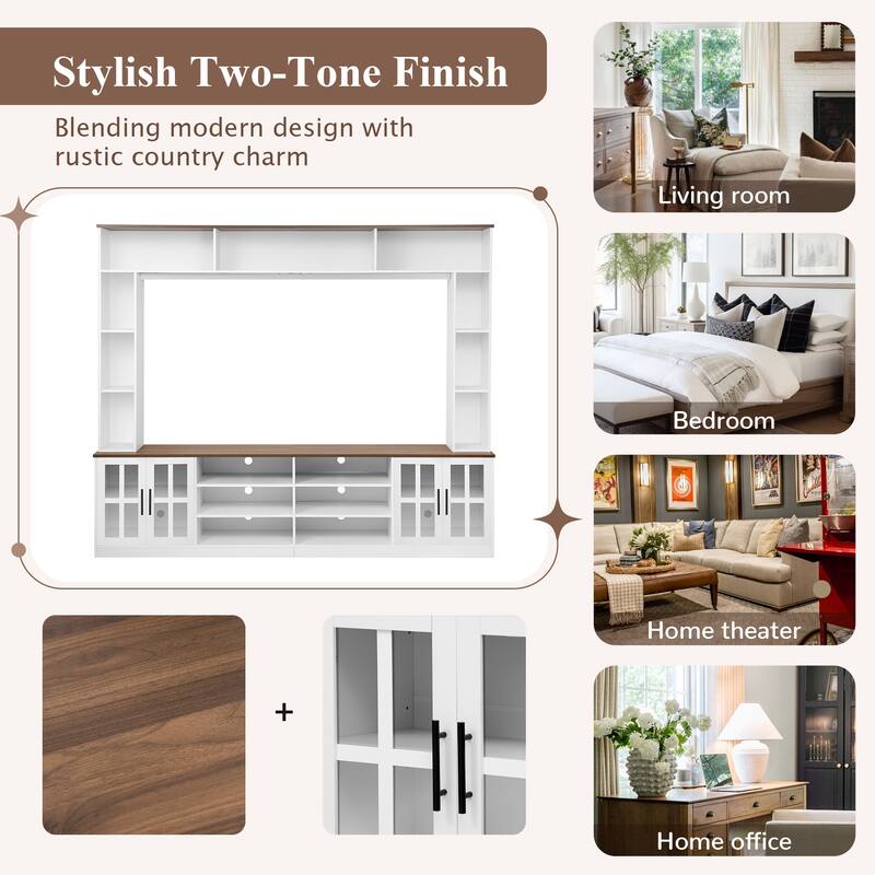 95.5" Entertainment Center for TVs up to 80", Media Console with Tempered Glass Doors & Bookshelves