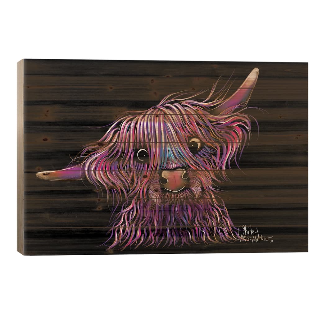 Huckleberry The Highland Cow Print On Wood by Shirley Macarthur - Multi-Color