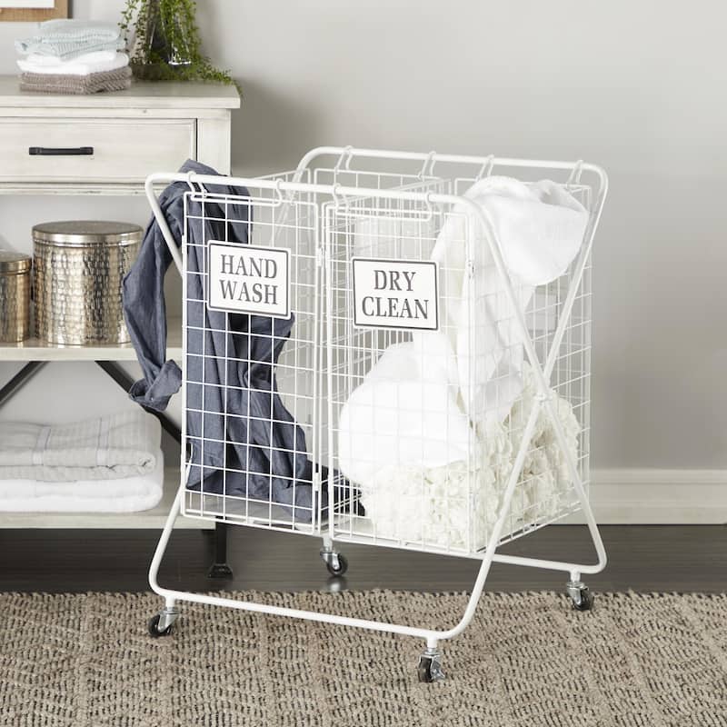 Metal Double Laundry Basket with Wheels and Signs - 22"W x 25"L x 32"H