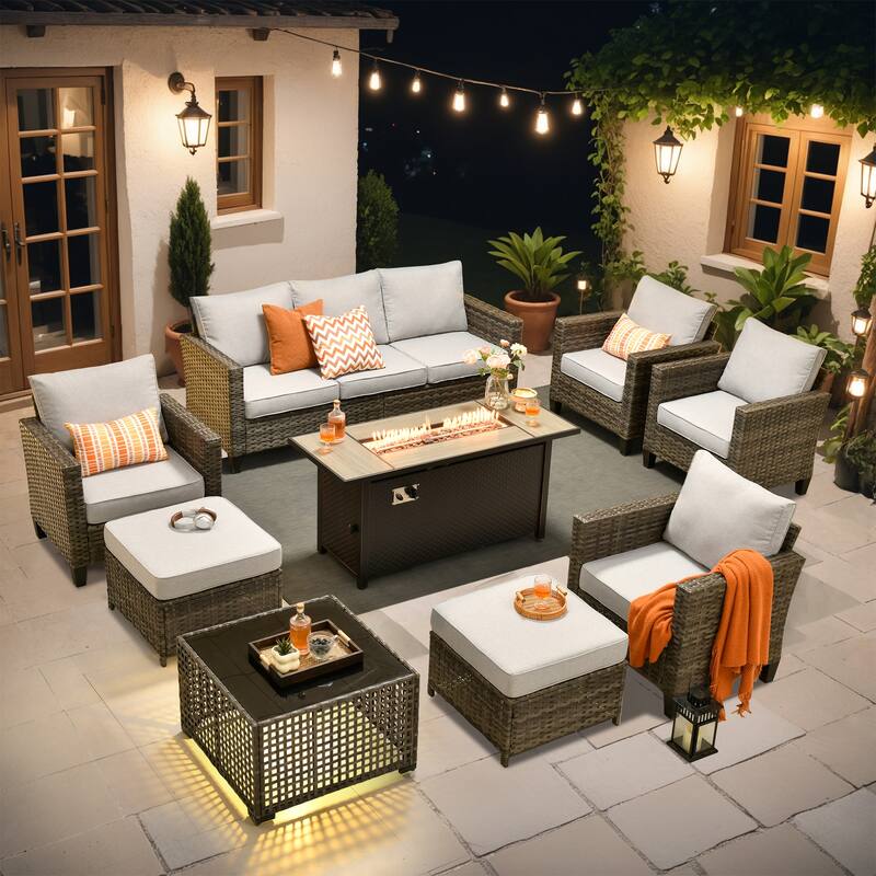 OVIOS 9 Pieces Patio Furniture Set with Solar-Powered Table & 54" Fire Table