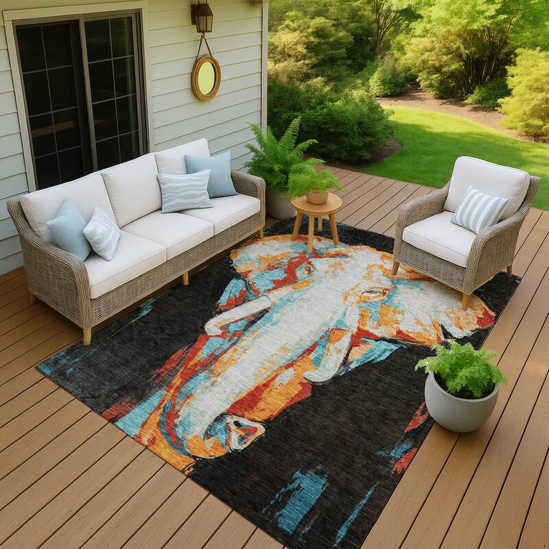 Machine Washable Indoor/ Outdoor Modern Elephant Chantille Rug - Black - 8' x 10'
