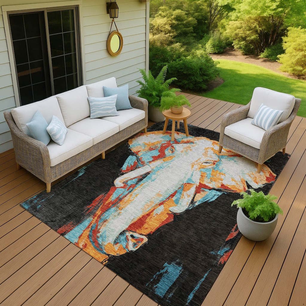 Machine Washable Indoor/ Outdoor Modern Elephant Chantille Rug