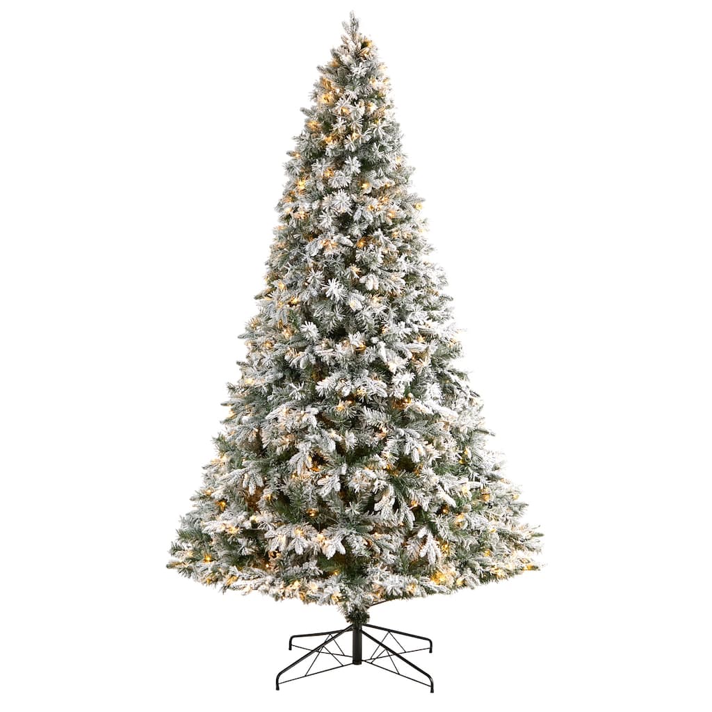9ft Flocked Christmas Tree with Lights, Artificial Pine Tree, Holiday Decor, Realistic Holiday Tree - Green - 108