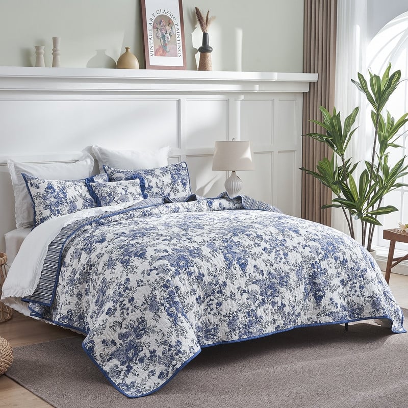 Wonderful 5-Piece Cotton Quilt Set Floral Printed Bedding Set - King